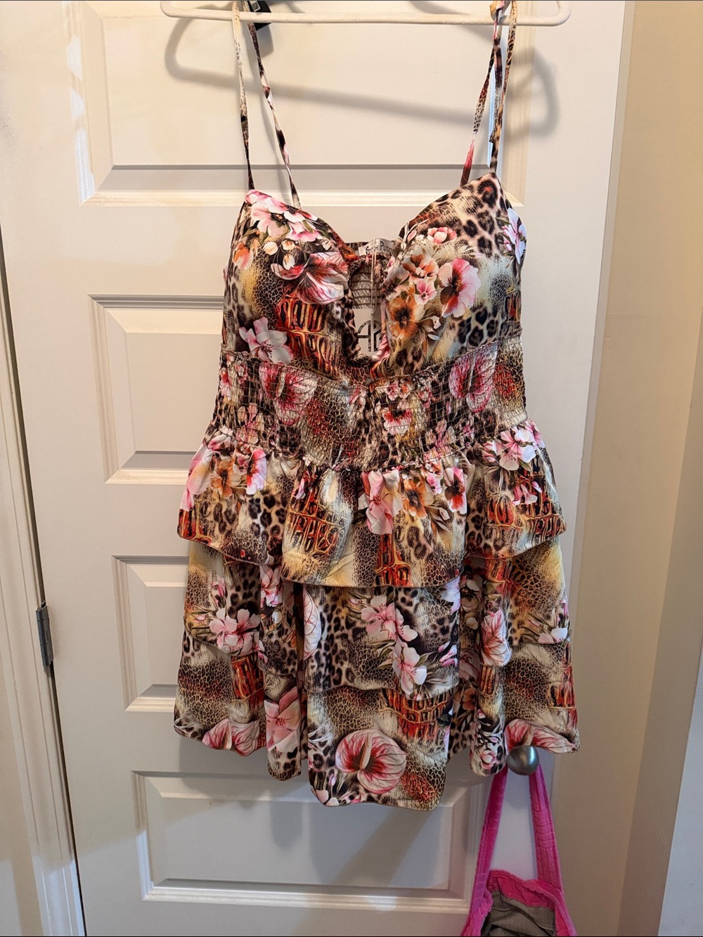 Floral Leopard Print Tiered Mini Dress - Pink/Brown